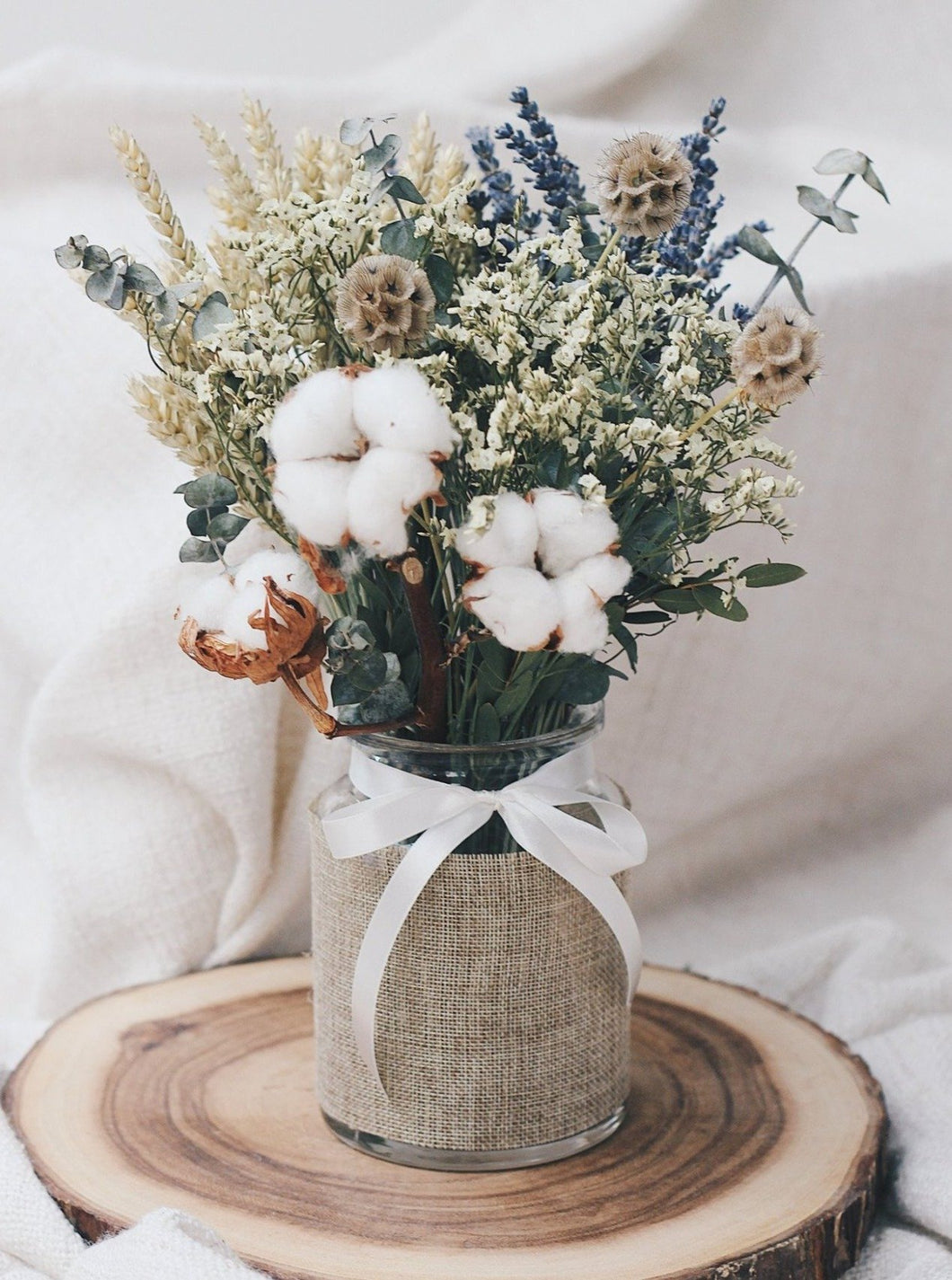 Dried Cotton Flower Bouquet with Lavender and Eucalyptus