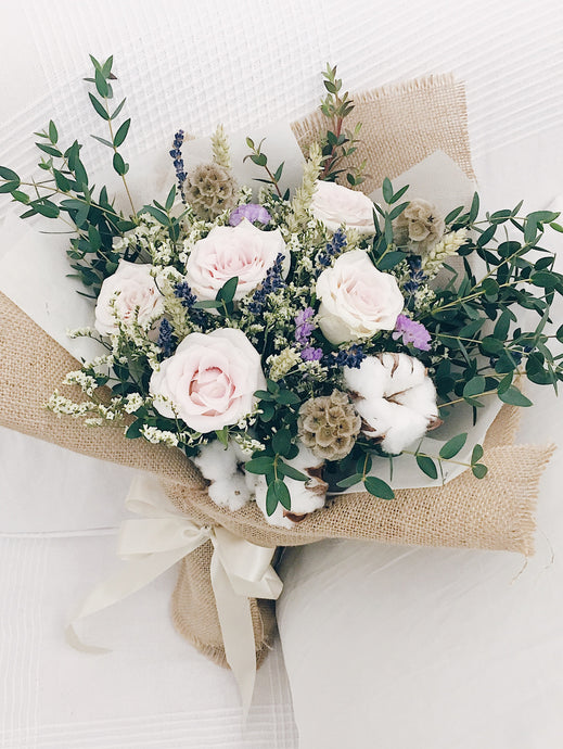 Dried Cotton Roses Flower Bouquet with Lavender and Eucalyptus