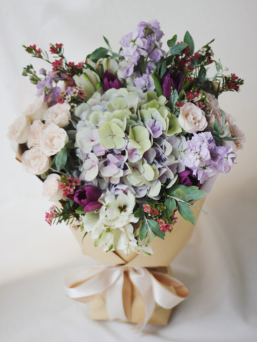 Hydrangeas Tulips Flower Bouquet Wrapped in Kraft Paper Singapore Delivery